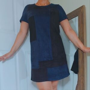 Design‎ Lab Lord Taylor Small A Line Mini Dress Blue Black Faux Suede Patchwork